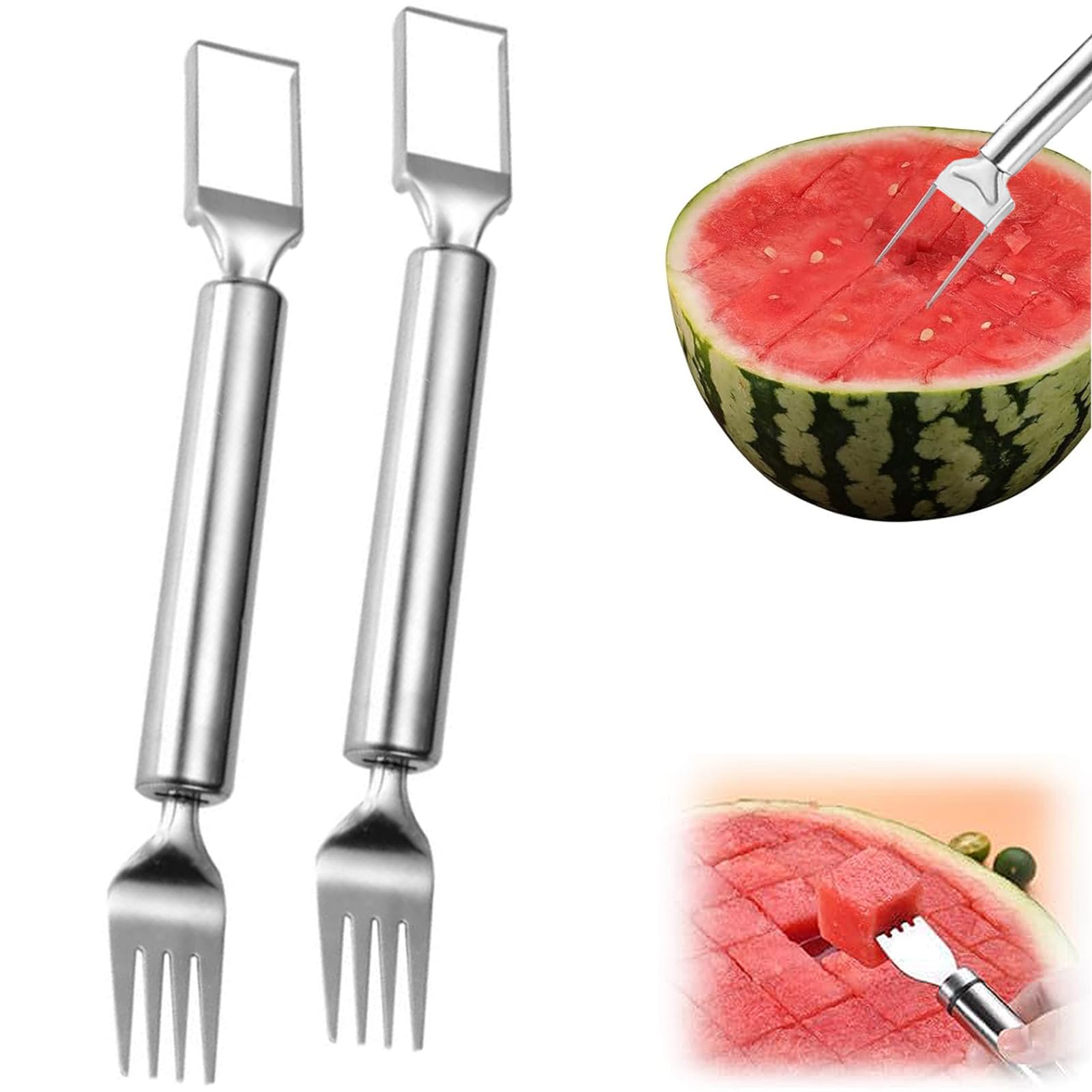2-in-1 Stainless Steel Fruit Cutter, Watermelon Cutter, Stainless Steel Watermelon Fork Slicer, Watermelon Cutter Slicer Tool Fruit Forks Slicer Knife Kitchen Gadgets for Family Parties Camping (B)