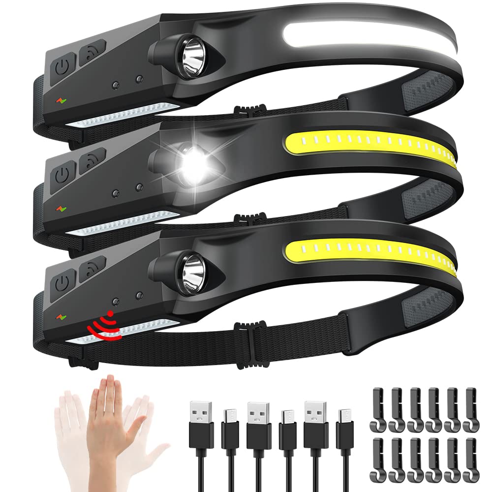 Rechargeable Headlamp 3PCS, 230 degrees Wide Beam Head Lamp, Motion Sensor LED Headlamp Rechargeable, 5Mode Bright Headlamps for Adults, Head Lights for Forehead, Hard Hat Headlight, Camping Essentials Gear