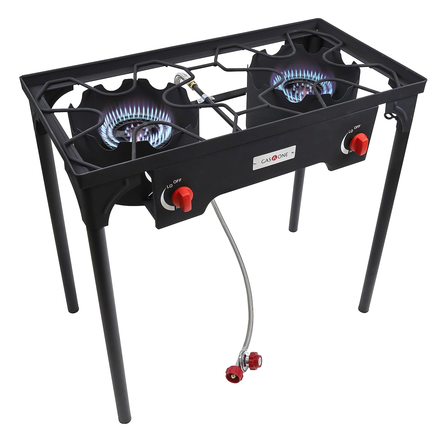Gas One Propan-Doppelbrenner, Zweiflammen-Campingkocher, Outdoor-Hochdruck-Propan-2-Brenner mit verstellbarem PSI-Regler und 1,20 m langem, geflochtenem Stahlschlauch mit abnehmbaren Beinen