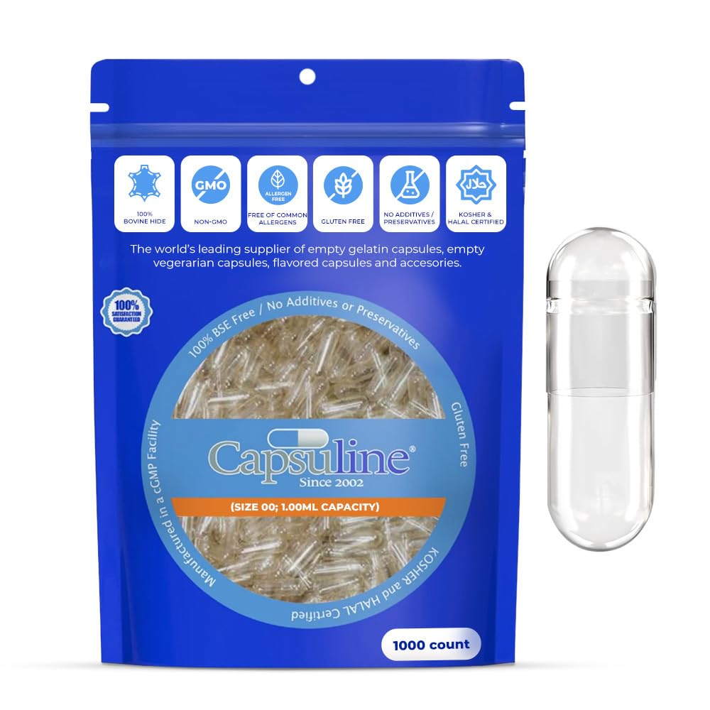 Clear Size 00 Empty Gelatin Capsules by Capsuline - 1000 Count - Gelatin Capsules - 1000