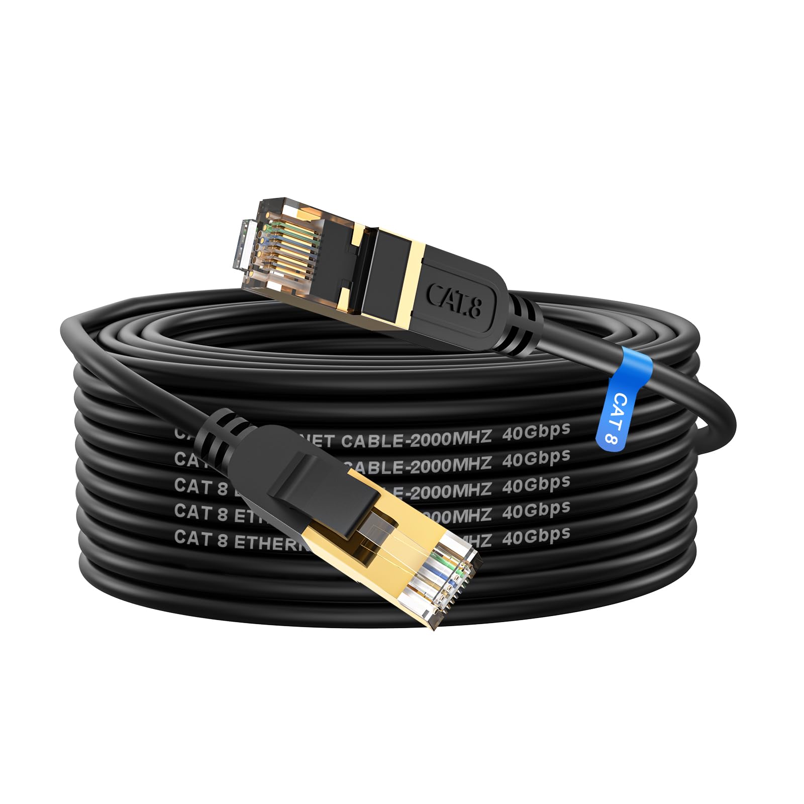 Cat 8 Ethernet Cable, 100FT High Speed Heavy Duty 26AWG Cat8 LAN Network Cable 40Gbps, 2000Mhz with Gold Plated RJ45 Connector, Outdoor&Indoor Internet Cable Compatible for Router Gaming Modem Xbox