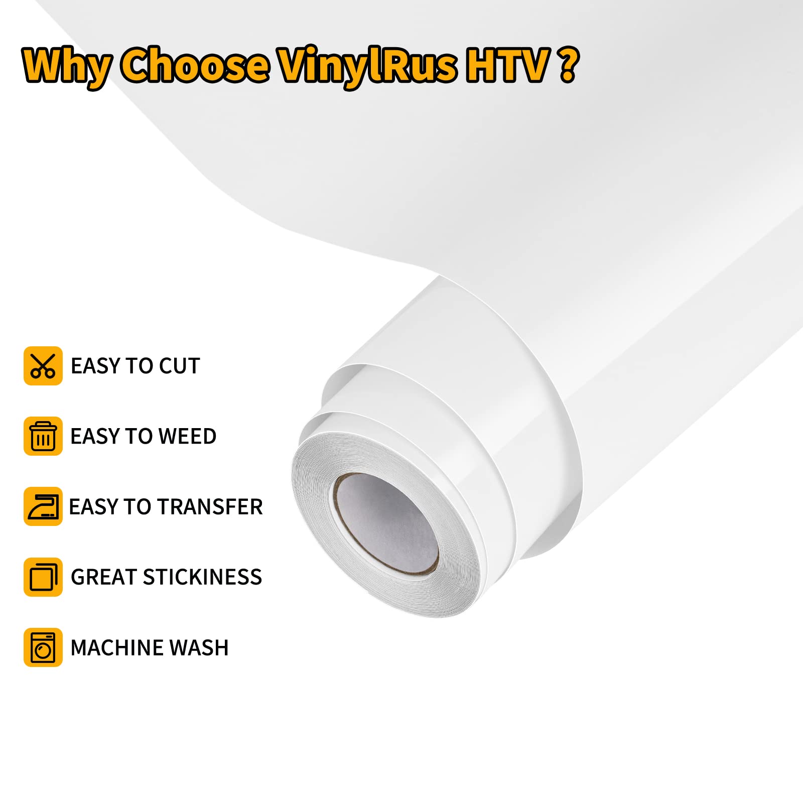 VinylRus Heat Transfer Vinyl-12” x 20ft White Iron on Vinyl Roll for Shirts, HTV Vinyl for Silhouette Cameo, Cricut, Easy to Cut & Weed