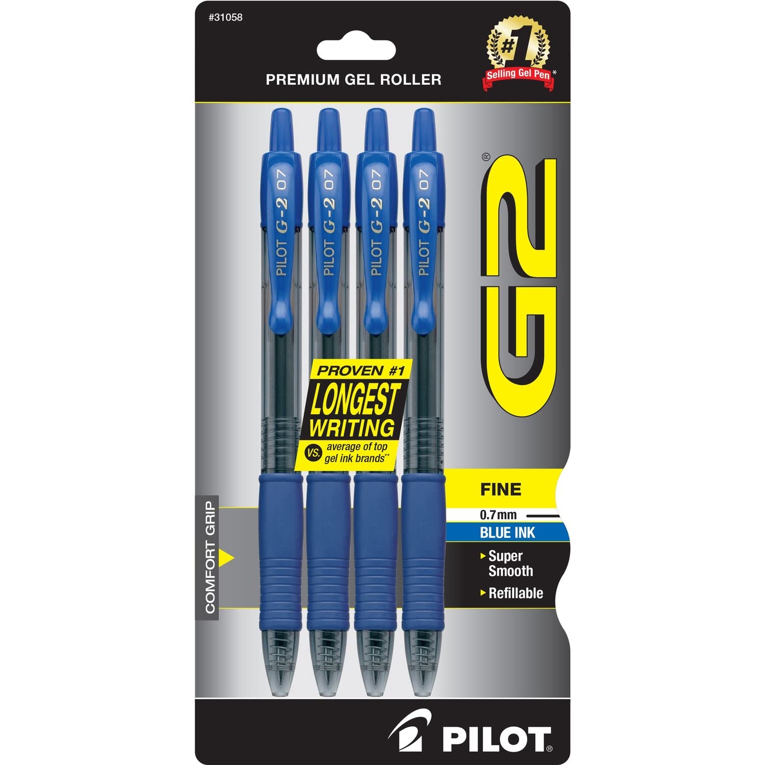 Pilot, G2 Premium Gel Roller Pens, Fine Point 0.7 mm, Black, Blue, Red, Green, Pack of 4