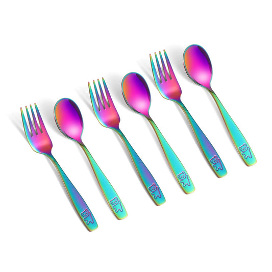 Pimoys 6 Pieces Toddler Utensils Kids Rainbow Silverware Stainless Steel Toddler Forks and Spoons Set, Metal Childrens Safe Flatware Child Cutlery Set, Dishwasher Safe