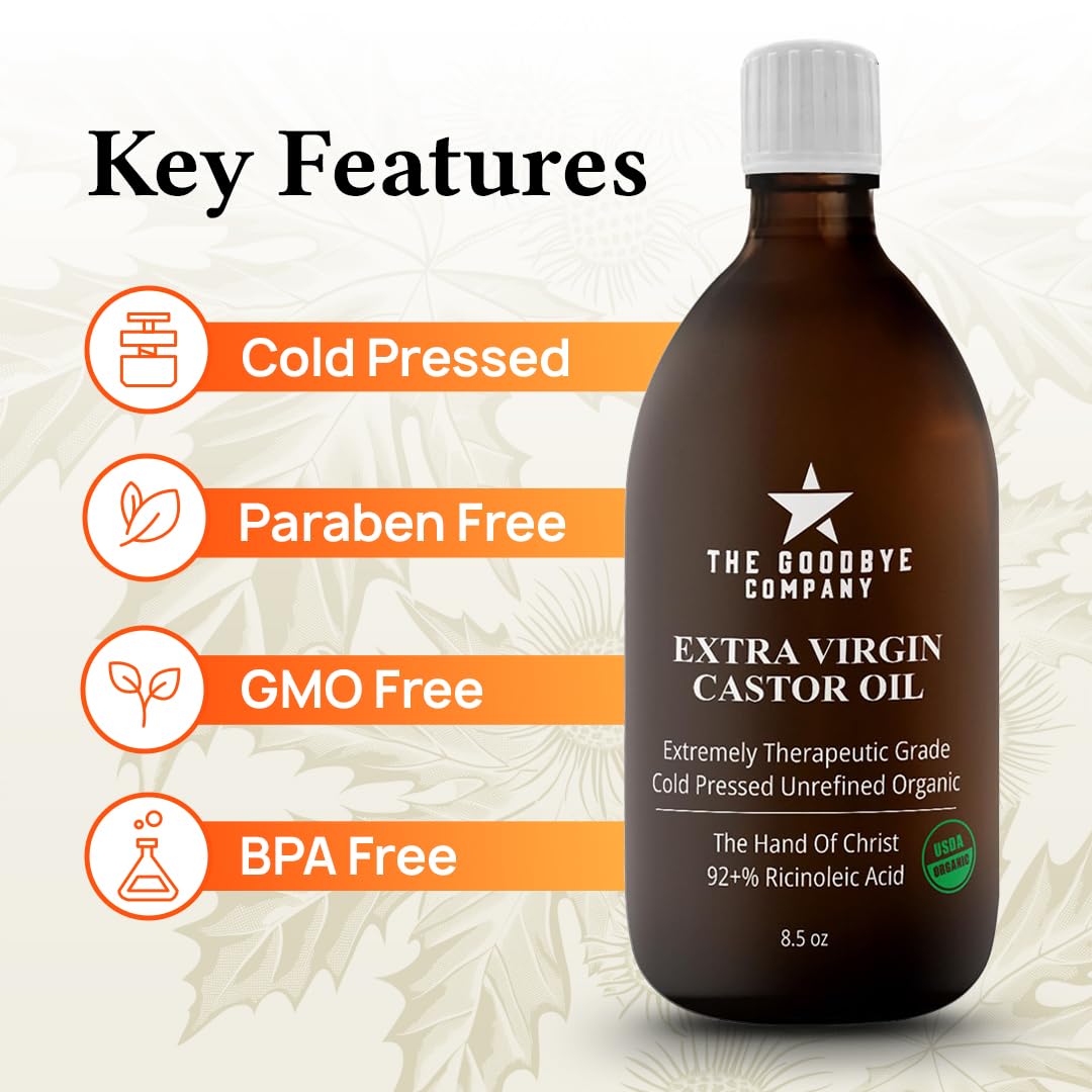 The Goodbye Company Extra Virgin Castor Oil - 8.5oz - 100% Pure Castor Oil Cold Pressed Unrefined, Hexane-Free - For Healthy Natural Skin, Hair Growth and Eyelashes (250ml)