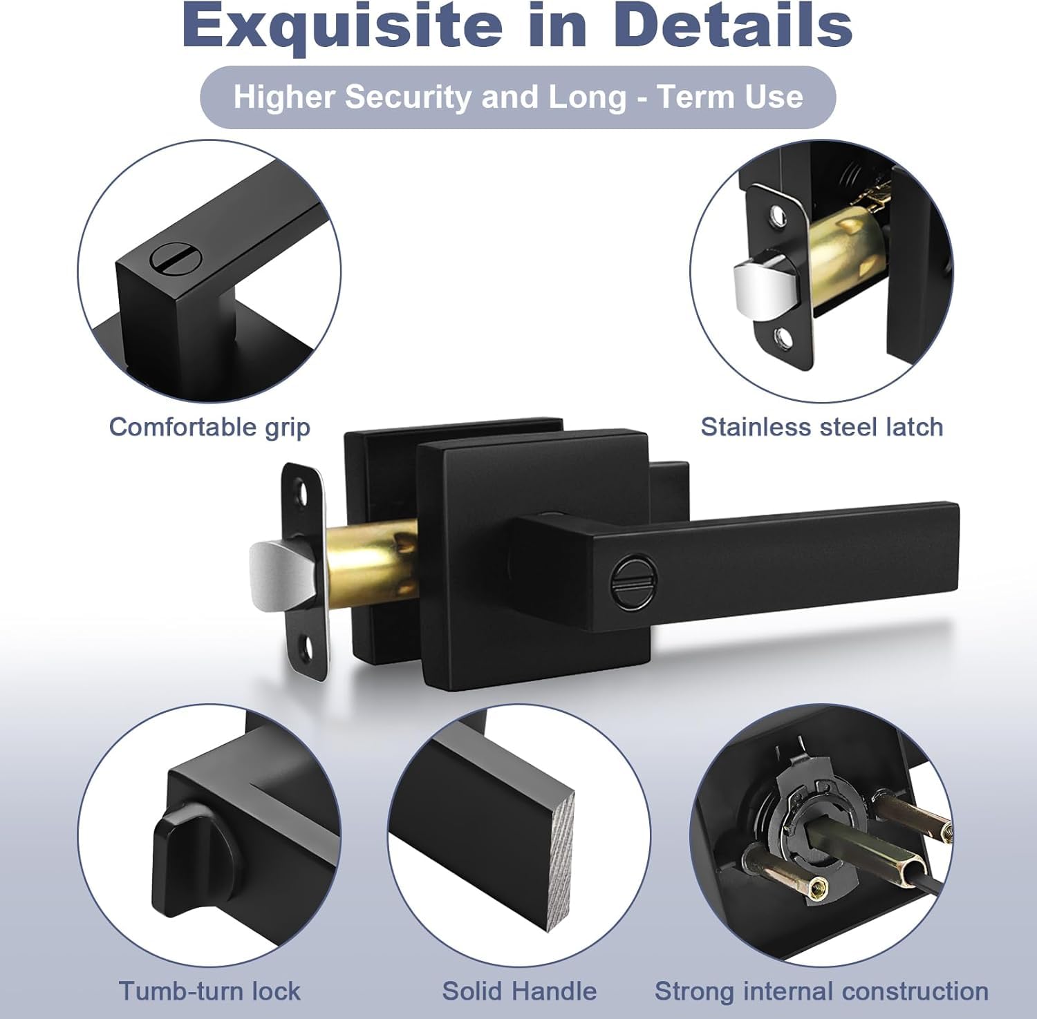 Estmoon 5 Pack Matte Black Door Handles Interior Door Knobs, Home Improvement Keyless Privacy Door Lock, Heavy Duty Zinc Alloy 2.07 lb Door Leverset for Bedrooms Bathrooms