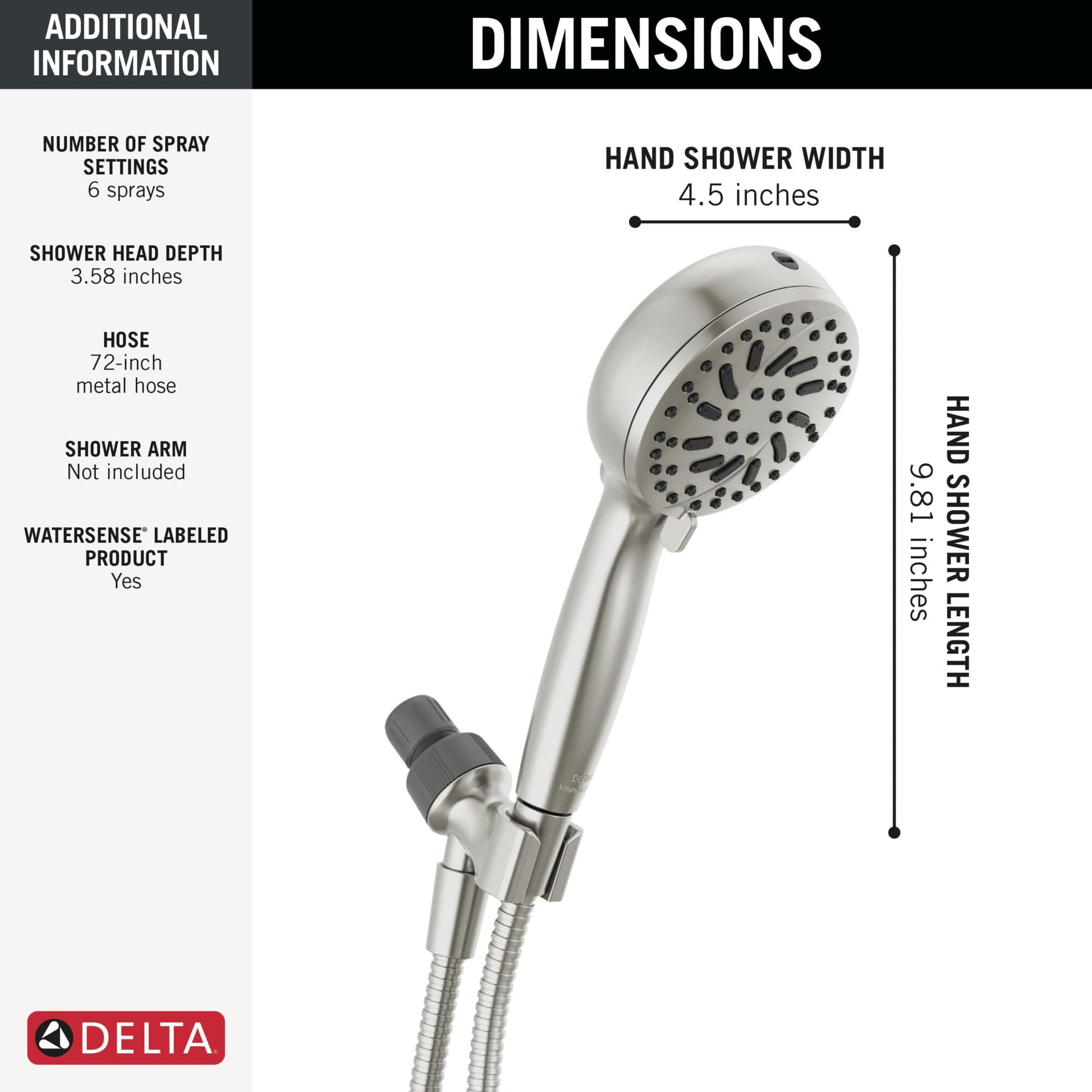 Delta Faucet ProClean Brushed Nickel Shower Head with Handheld, Showerhead with High Pressure Spray, Handheld Shower Head, 6 Spray Settings, SpotShield Brushed Nickel 75740SN