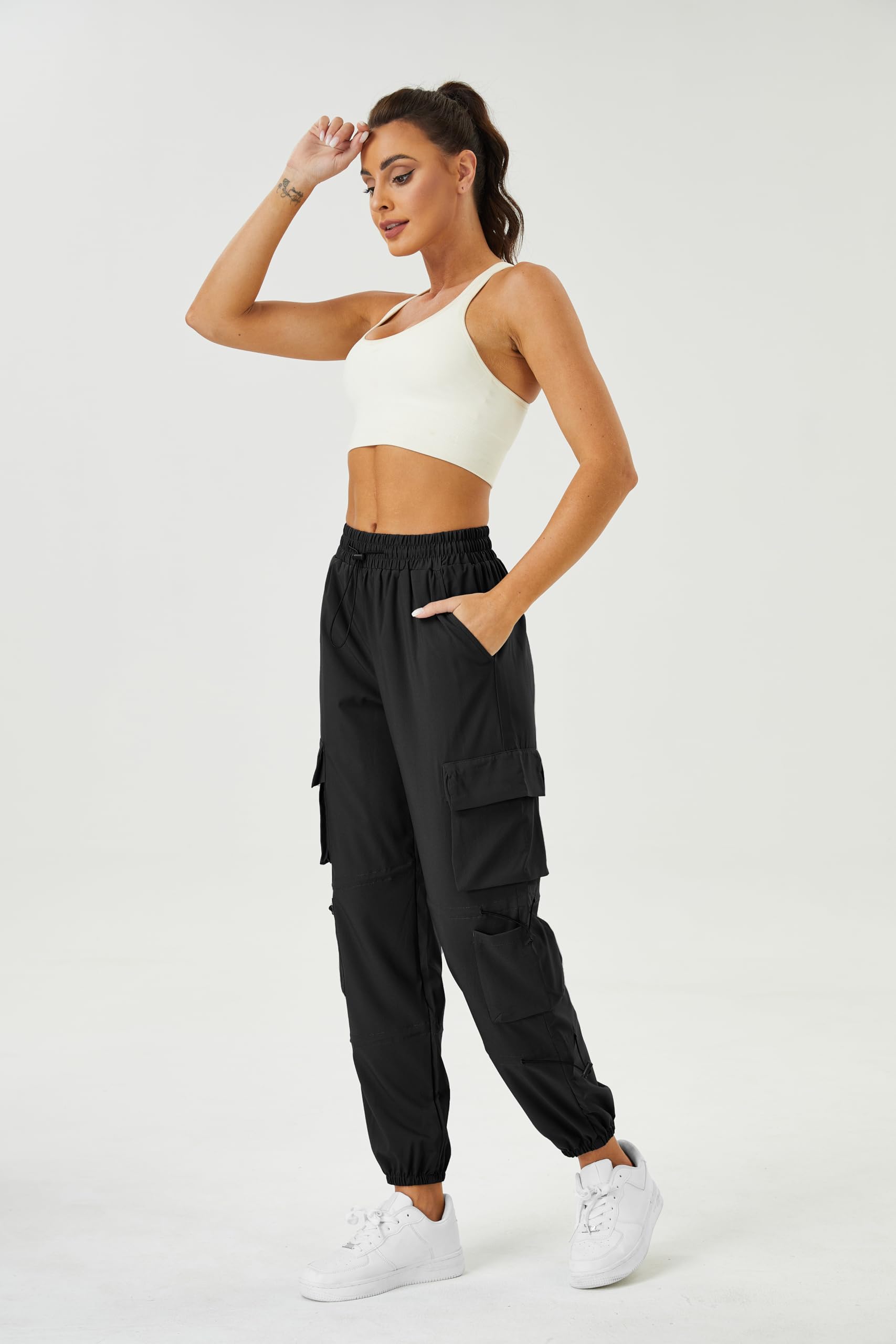 COPYLEAF Womens Parachute Cargo Pants with Pockets Quick Dry Hiking Pants Lightweight Water-Resistant Baggy Joggers(Black L)