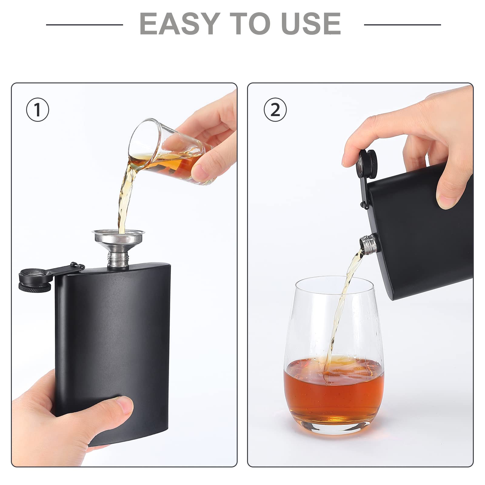 ROMORC 2 Pack Hip Flasks for Liquor Matte Black 8 Oz Stainless Steel Leak-proof Thin Flasks with 2pcs Funnels and Cups for Wedding Party, Groomsman, Bridesmaid, Gift