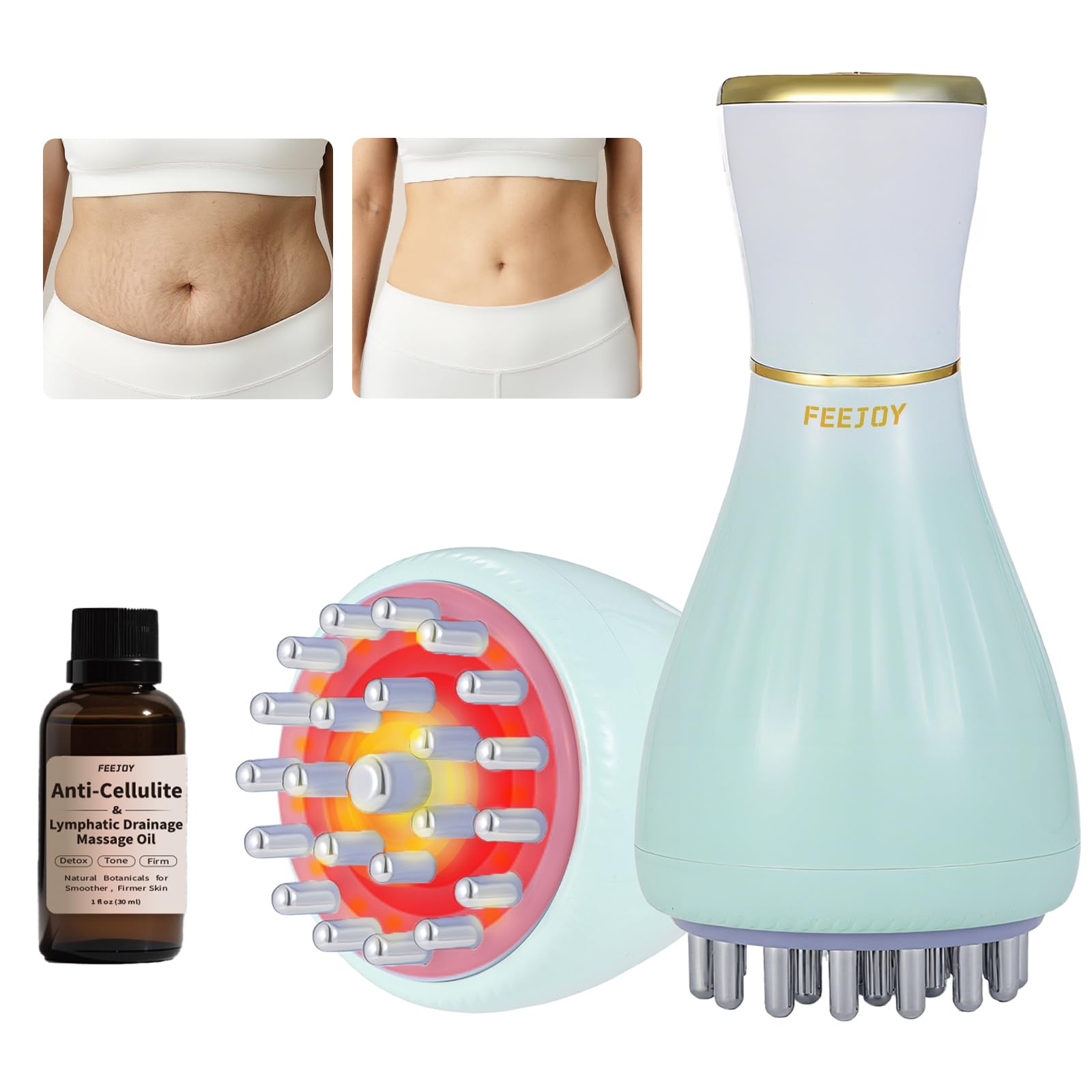 FEEJOY Lymphatic Drainage Massager & Massage Tool with Cellulite Oil, Body Sculpting Machine & Fascia Blaster for Cellulite with Microcurrent, Light, Heat & Vibration, for Legs, Arms & Belly