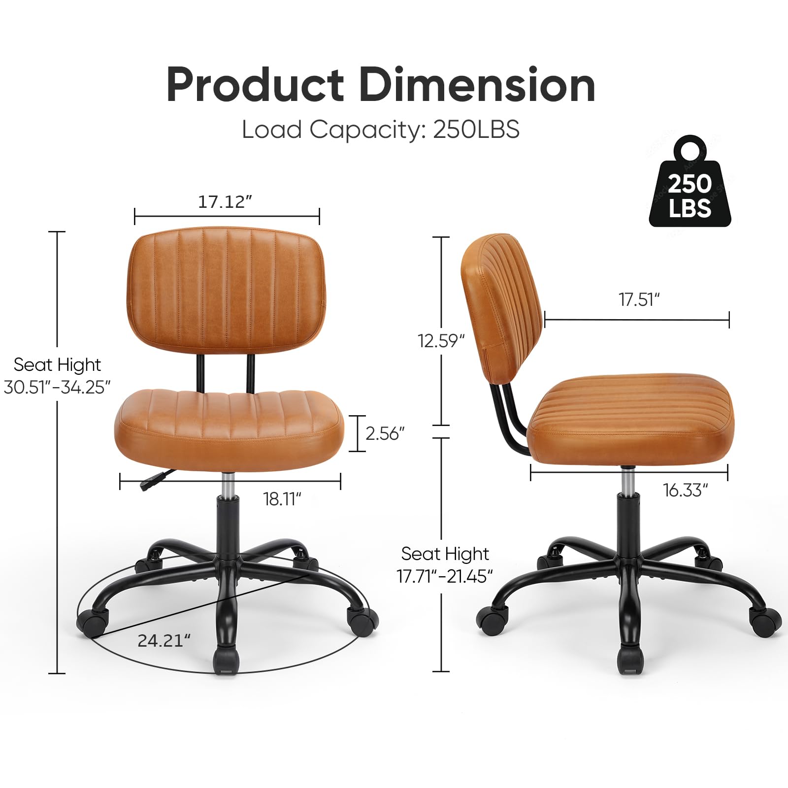 DUMOS Armless Home Office Desk Chair -Small Ergonomic with Low Back Lumbar Support, Height Adjustable PU Leather Computer Task with 360° Swivel Rolling Wheels, for Small Space, Brown