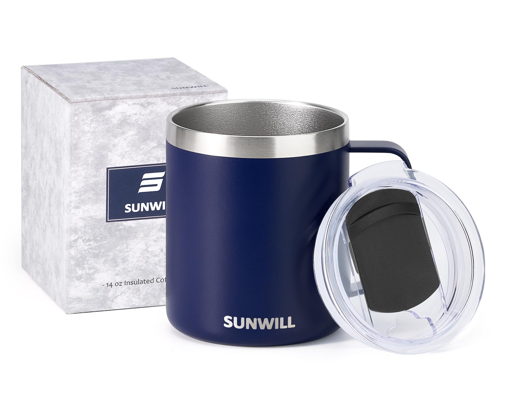 SUNWILL Insulated Coffee Mug with Lid, Travel Tumbler with Handle, 14oz Stainless Steel Cup for Camping, Office, Home, Powder Coated Navy Blue
