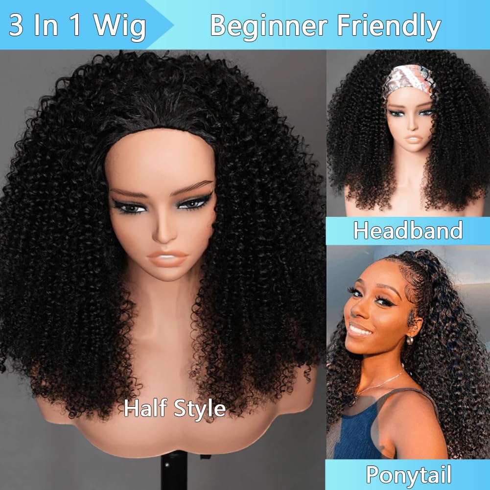 QUANDIAN Kinky Curly Half Wig Human Hair 200% Density Wear Go Glueless Wigs Human Hair 20 Inch Curly 3 In 1 Half Wigs for Women Drawstring Seamless Flip Headband Wig Beginner Friendly