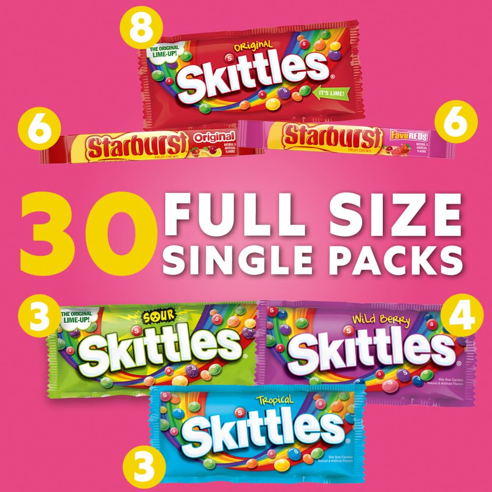 SKITTLES & STARBURST Assorted Candy Variety Pack for Holidays, Candy Assortment, Party Favors, 62.79 oz (30 Count) Bulk Box