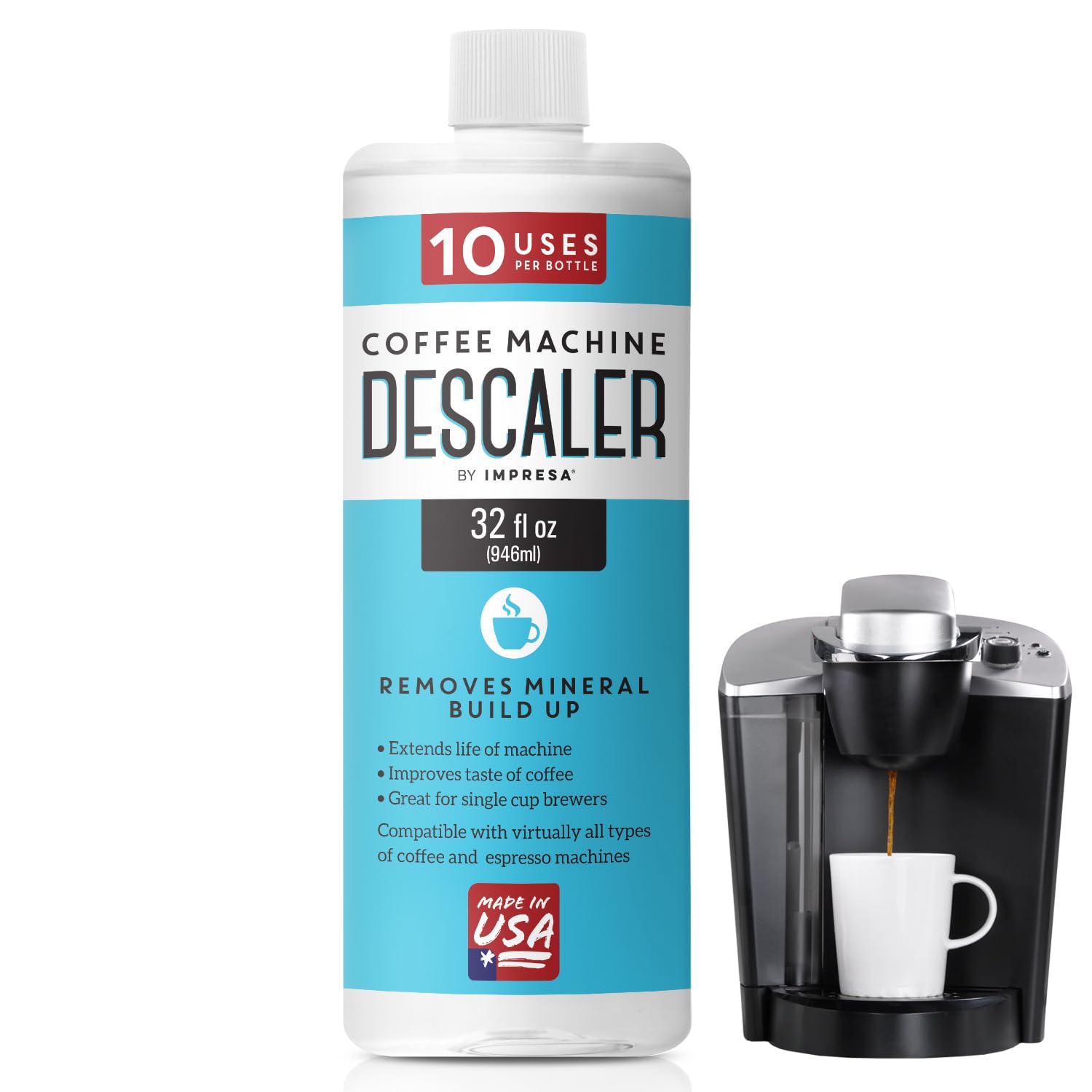 Descaler (2 Pack, 2 Uses Per Bottle) - Made in the USA - Universal Descaling Solution for Keurig, Nespresso, Delonghi and All Single Use Coffee and Espresso Machines