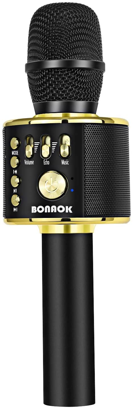 BONAOK Wireless Bluetooth Karaoke Microphone, 3-in-1 Portable Handheld Mic Speaker Machine for All Smartphones, Gifts to Girls Boys Kids Adults All Age Q37(Black Gold)