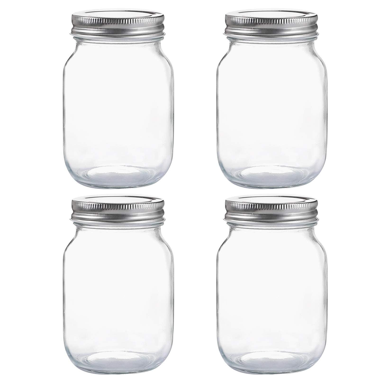 YINGERHUAN Glass Regular Mouth Mason Jars, 16 oz Clear Glass Jars with Silver Metal Lids for Sealing, Canning Jars for Food Storage, Overnight Oats, Dry Food, Snacks, Candies, DIY Projects (4PACK)