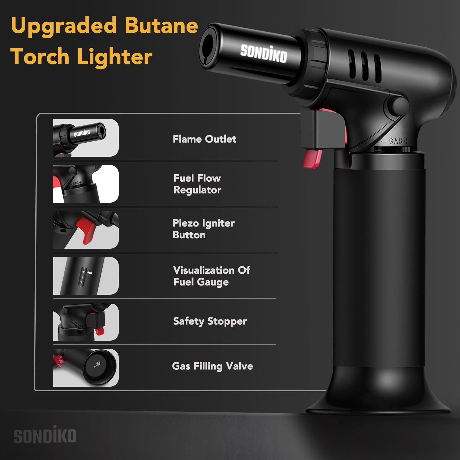 Sondiko Butane Torch with Fuel Gauge S907, Refillable Soldering Torch with Adjustable Flame for Welding, Resin Art, Industrial(Butane Gas Not Included)