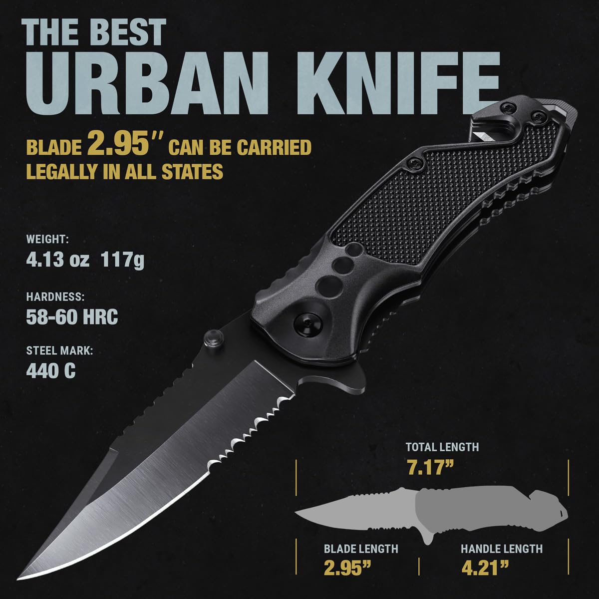 Legal Pocket Knife with 2.95” Serrated Blade, Glass Breaker, Seat Belt Cutter - EDC Sharp Folding Knives with Portable Clip - Small Tool for Tactical Camping Survival Hiking - Gifts for Men 6680