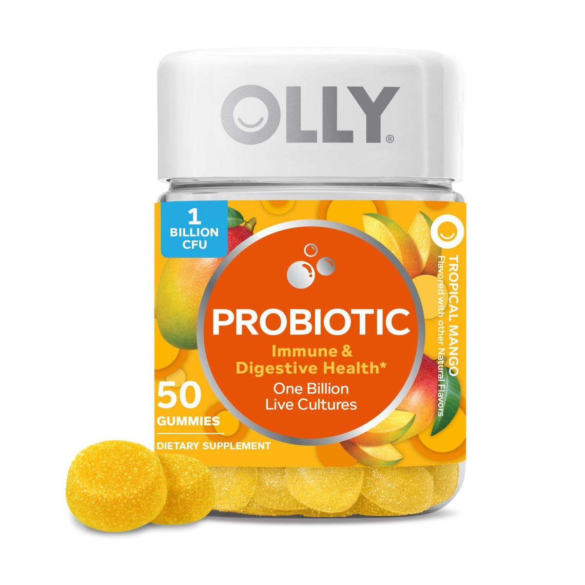 OLLY علكة بروبيوتيك، دعم المناعة والجهاز الهضمي، 1 مليار وحدة تشكيل مستعمرة، مكمل بروبيوتيك قابل للمضغ، مانجو، إمداد لمدة 25 يومًا - 50 قطعة