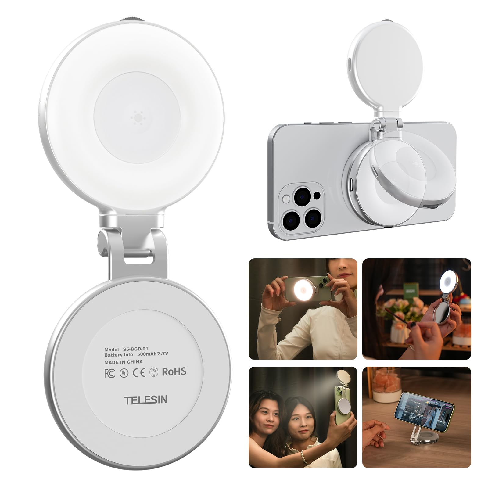 TELESIN C03 Magnetic Selfie Light, Phone Light Compatible with iPhone Magsafe, CRI97 360° LED Selfie Ring Fill Light with Mirror for Selfies/Photography/TikTok/Zoom Calls/Video Conference