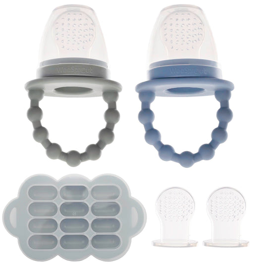 WeeSprout Silicone Baby Food Feeders + Freezer Tray for Batch Prep, Set of 2, Introduce New Foods Safely, Double as Teething Toys, Includes 2 Extra Pouches & Travel Lids, Dishwasher Safe