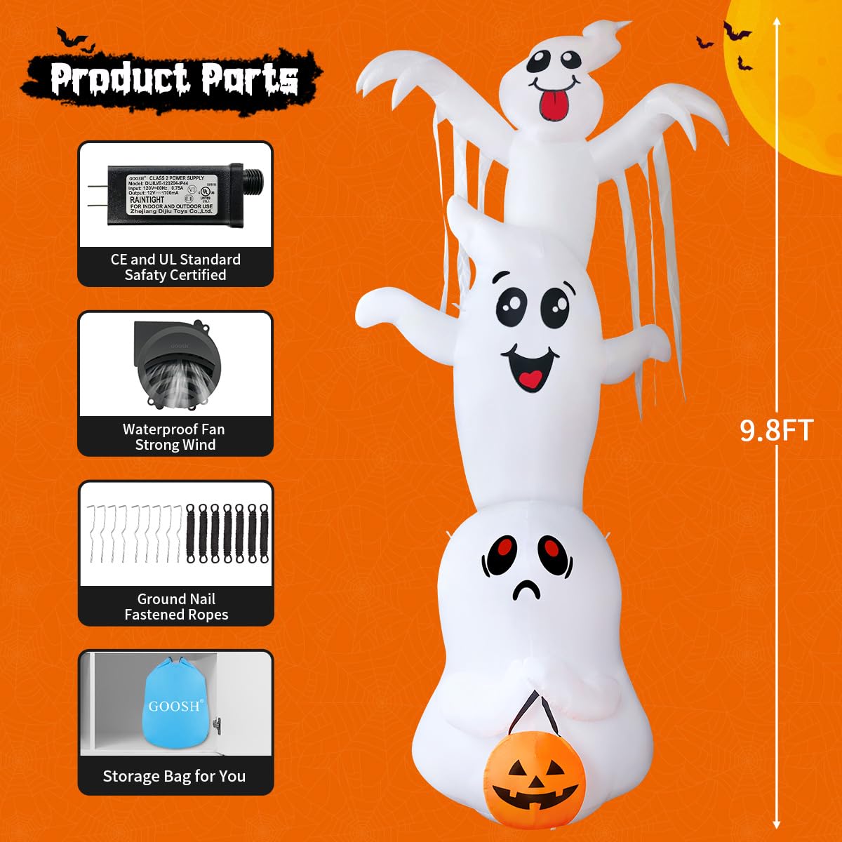 GOOSH 9.8 FT High Halloween Inflatable Overlap Ghost Outdoor Decorations Blow Up Yard with Built-in LEDs for Garden Lawn Indoor Party Decor (Three Ghosts)