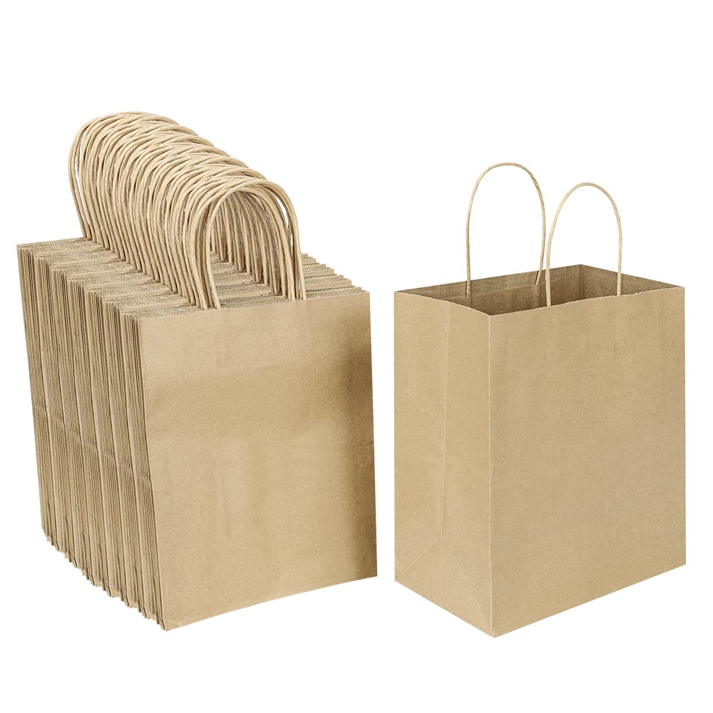 100 Pack 8x4.75x10 Inch Medium Plain Natural Paper Bags with Handles Bulk, Oikss Kraft Bags for Birthday Party Favors Grocery Retail Shopping Business Goody Craft Gift Bags Sacks (Brown 100 PCS Count)