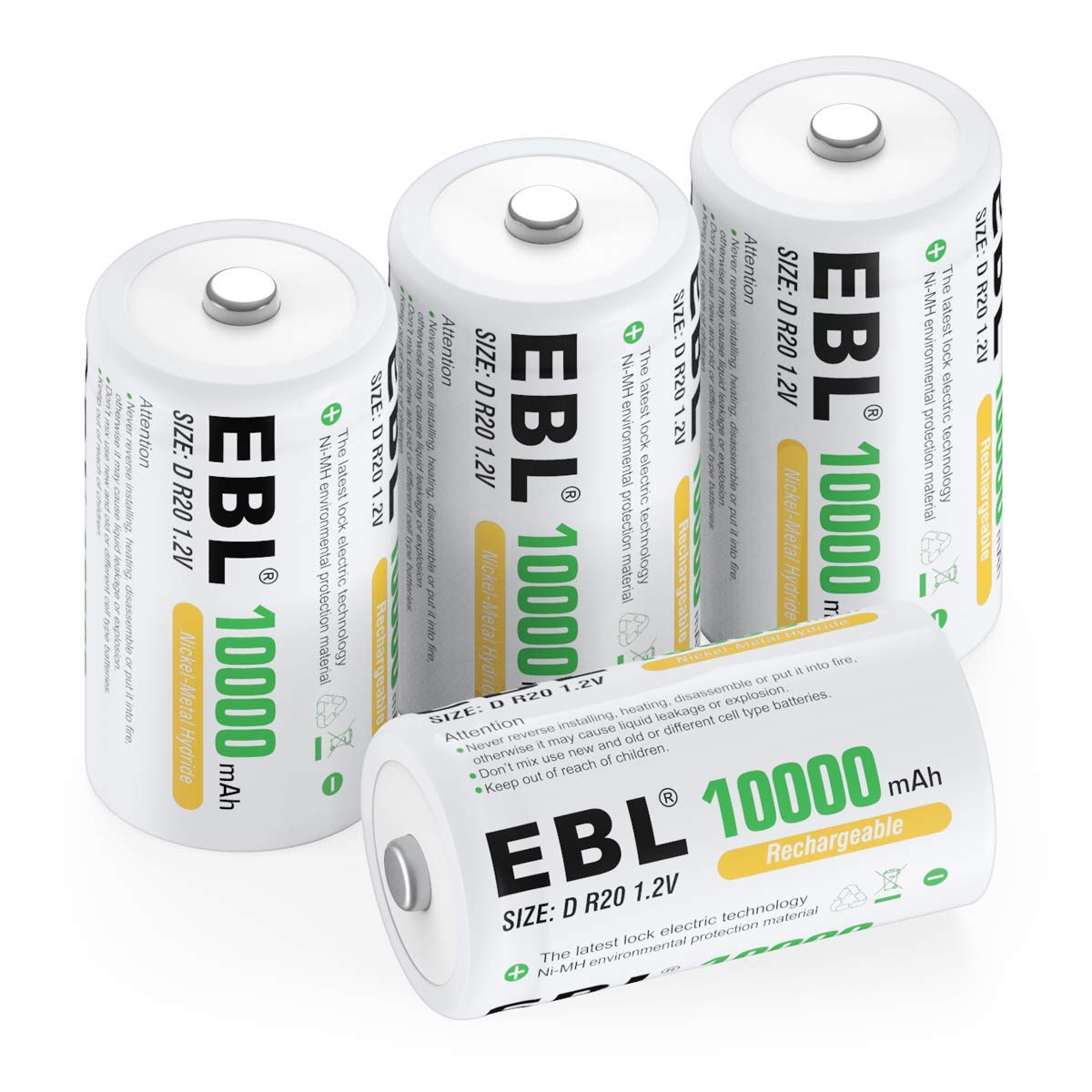 EBL D Cell Batteries 10,000mAh Ultra Pro Ni-MH Rechargeable D Batteries, 4-Pack(Battery Storage Case Included)