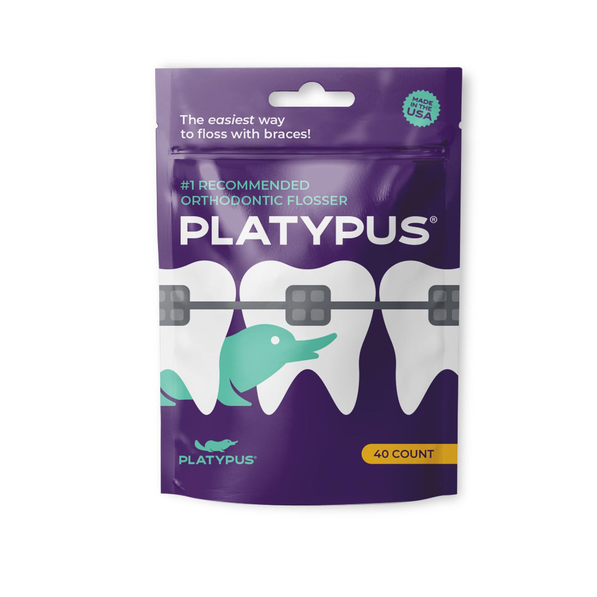 خيط تنظيف الأسنان التقويمي من Platypus للتقويم، 40 قطعة (عبوة من 1)، أعواد تقويم للبالغين والأطفال، يناسب تحت سلك التقويم، لا يسبب ضررًا، يشجع على عادات تنظيف الأسنان بالخيط