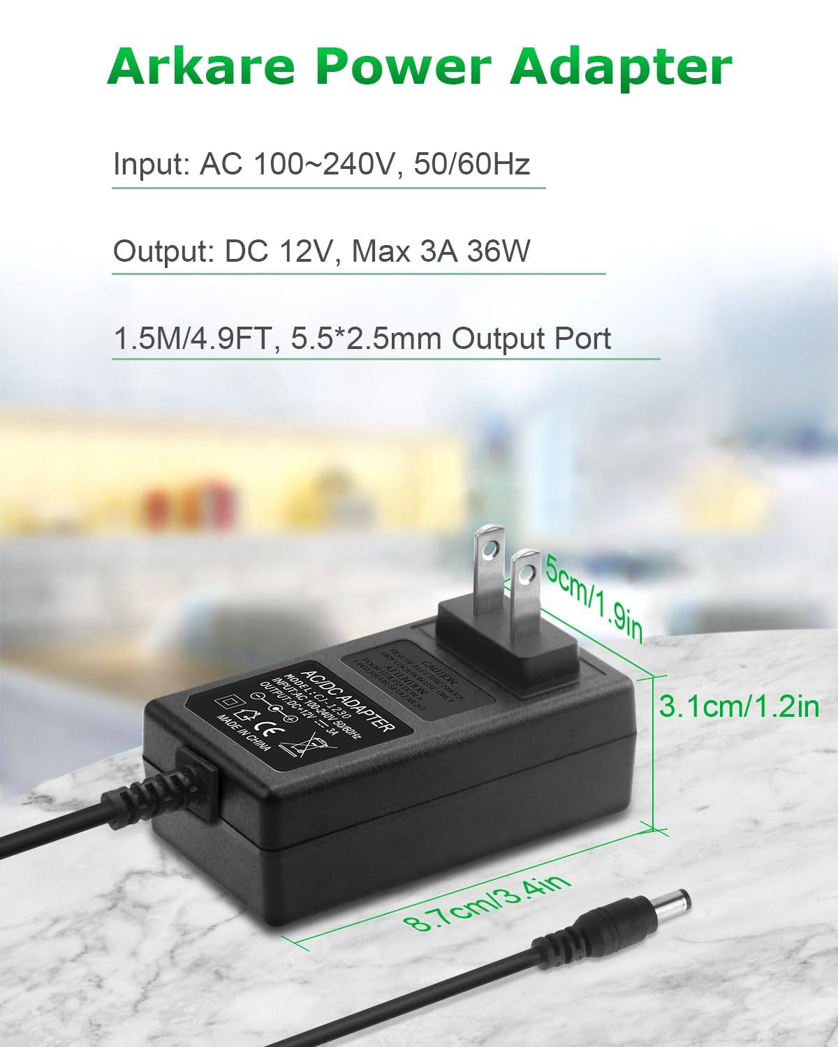 Arkare 12V 3A Power Supply Adapter 36W ac/dc Charger AC 100V-240V to DC 12Volt 3amp Power Cord 12V 2.5A 2A 1.5A 1A 800mA 500mA for Security Camera BT Speaker GPS Webcam Microphone Receiver with 10TIPS