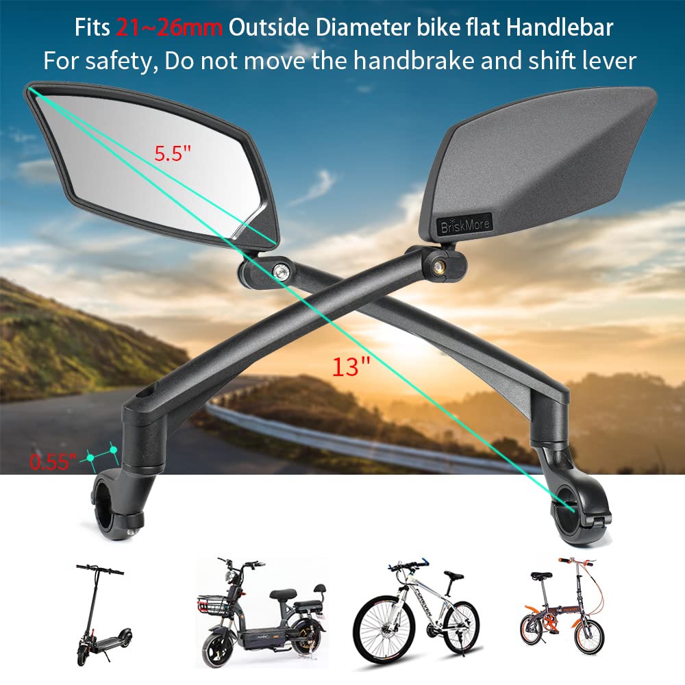 BriskMore Handlebar Bike Mirror, Scratch Resistant Glass Lens, Ajustable And Rotatable Safe Rearview Bicycle Mirror for Left Side BT-016L