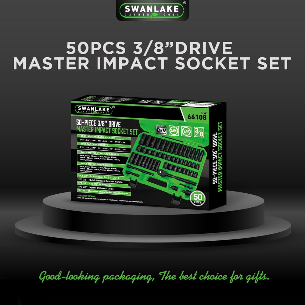 SWANLAKE GARDEN TOOLS 3/8'' Drive Impact Socket Set, 50-Piece Standard SAE (5/16 to 3/4 inch) and Metric (8-22mm) Size, 6 Point, Cr-V, 3/8-Inch Ratchet Handle, Extension Bar, Universal Joint
