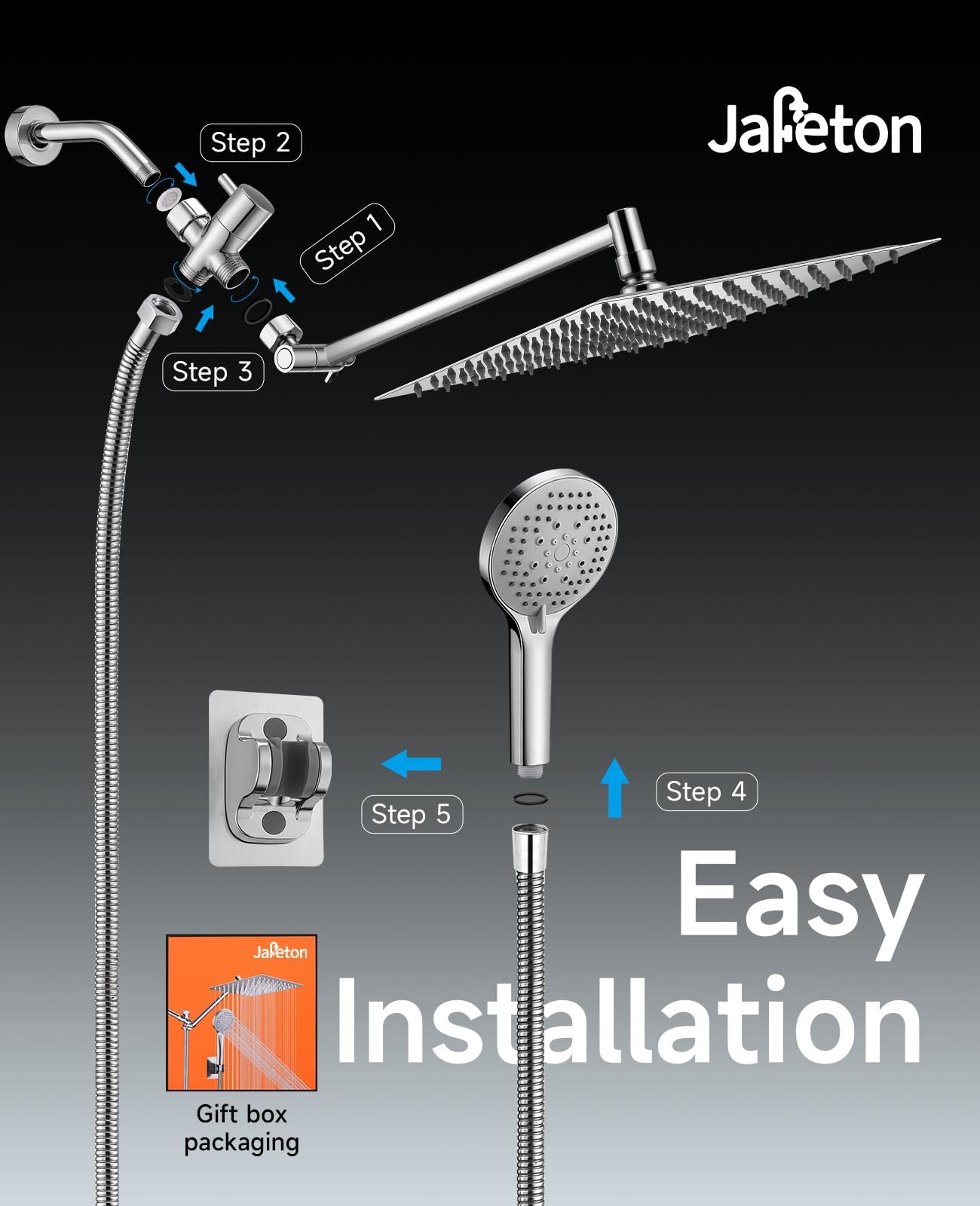 10 inch Rainfall Shower Head Combo Stainless Steel, THE FIRST WATERFALL mode, 10 Inch Rain Shower Head with Handheld 6 Spray Modes High Pressure, Overhead Shower Adjustable Extension Arm,Chrome