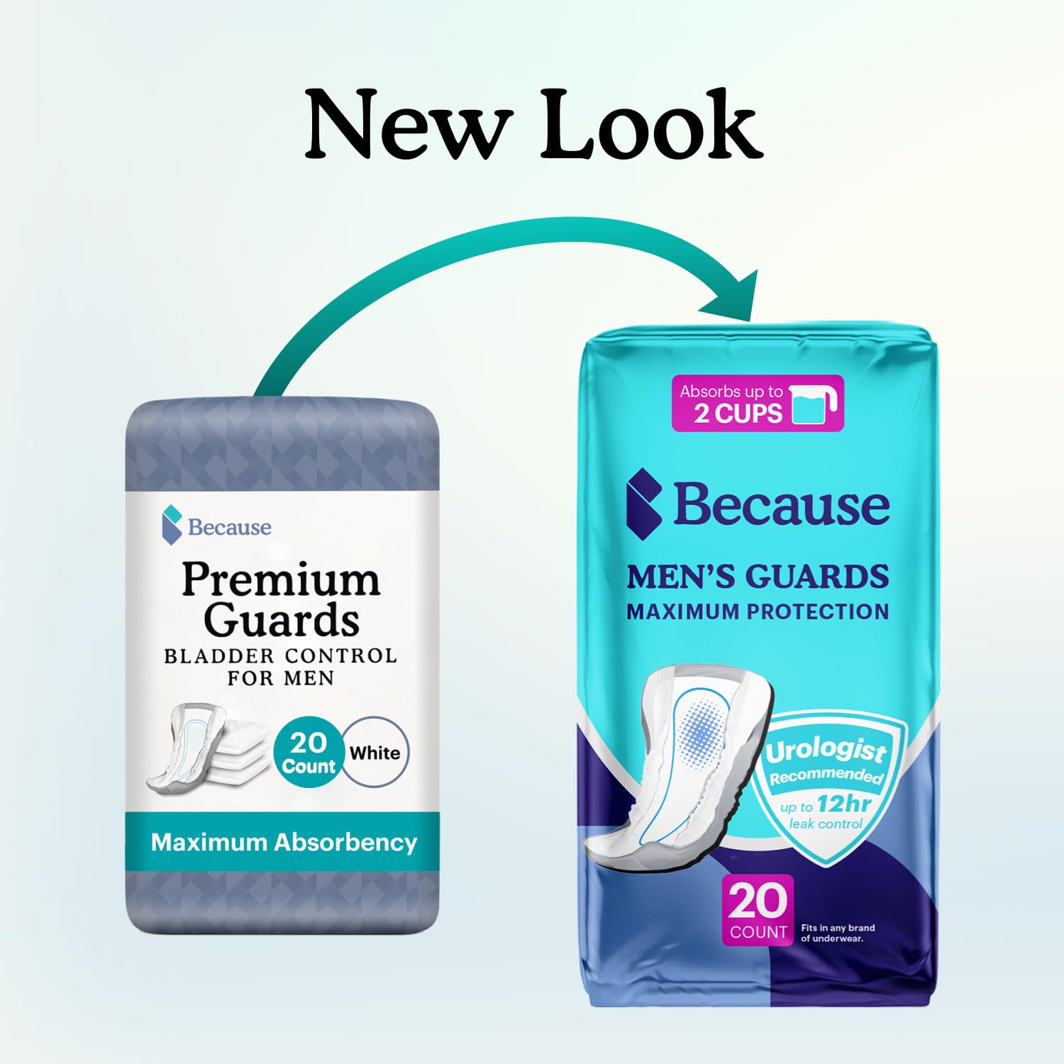 Because Premium Guards for Men - 20 Count Pack of Discreet, Individually Wrapped Bladder Protectors - Complete Absorbency, Fast-Locking, Odor Control - Comfort Fit, 2 Cups of Absorbency