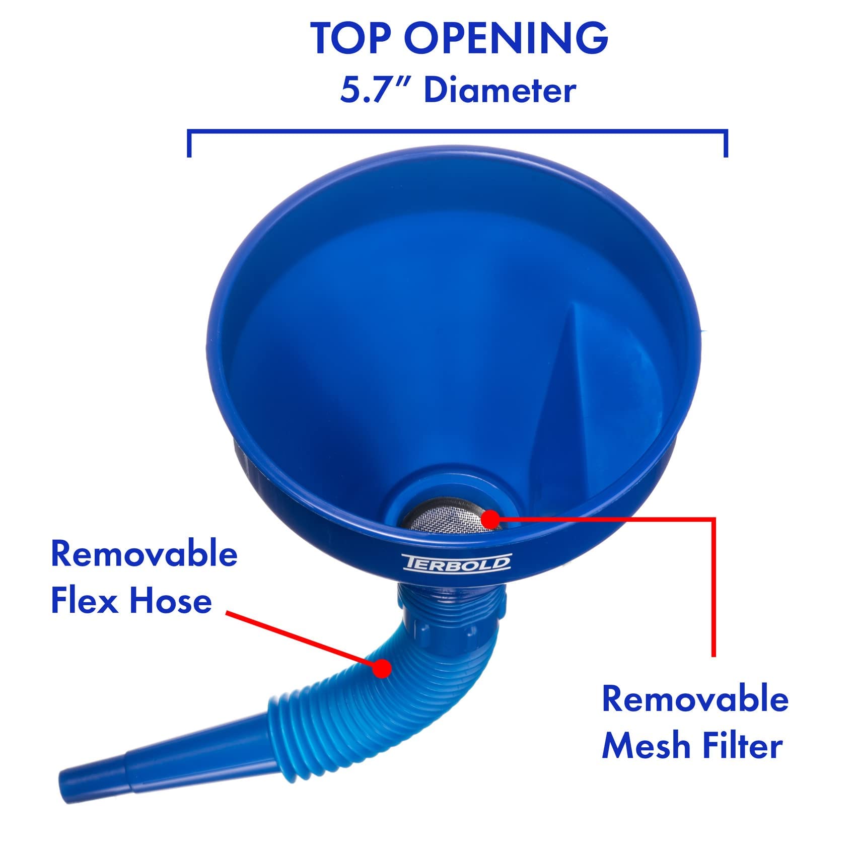 Terbold Automotive Flex Funnel with Hose | Wide Mouth Flexible Oil Funnel for Automotive Use - Gas, Transmission Fluid, Car Fuel, Oil Change (Blue)