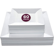 Aya's 60ct White Square Disposable Plates - Heavy Duty Plastic Party Plates for Christmas, Thanksgiving (30 Dinner & 30 Salad)