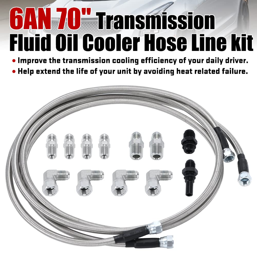 6AN 70" Transmission Fluid Oil Cooler Hose Line kit for GM Chevy Transmission 4L80E TH350 TH400 4L60E 700R4 200-4R TR6060 Ford AOD 4R100 4R70W and C5 Stainless Steel Braided PTFE Hose