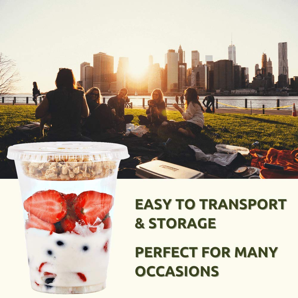 12 oz Clear Plastic Parfait Cups with Insert 3.25oz & Flat Lids No Hole - (50 Sets) Yogurt Fruit Parfait Cups for Kids, for Dips and Veggies, Take Away Breakfast and Snacks. No Leaking