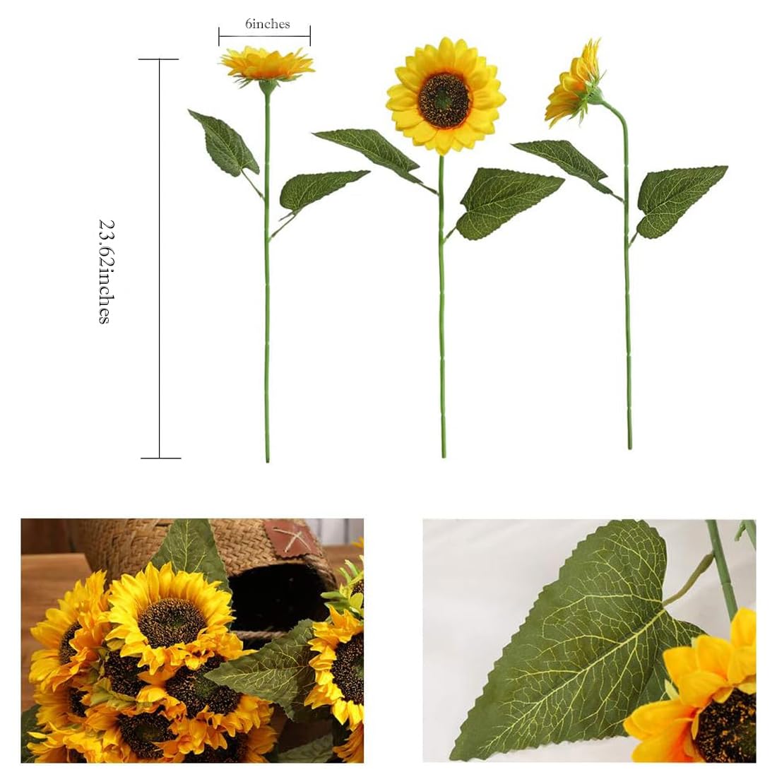 Laelfe Artificial Sunflower Flowers Long Stem Silk Fake Large Sunflowers Decoration for Outdoor Home Wedding Baby Shower Birthday Party Single Bulk Yellow Decor 6PCS (Dark Center)