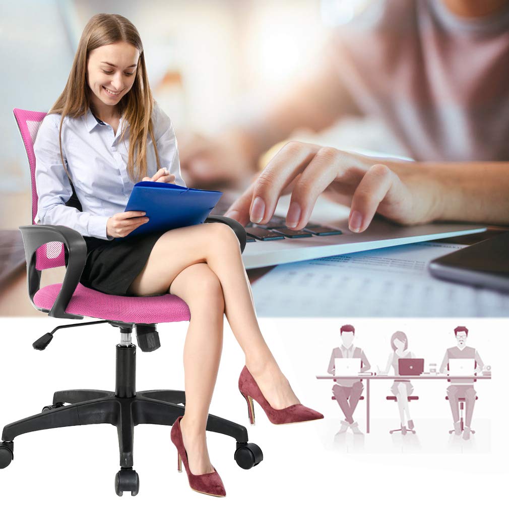 BestOffice | Ergonomic Office Chair | Mid-Back Swivel Desk Chair | Breathable Backrest & Lumbar Support | Adjustable Height | Sponge Seat | Rolling Wheels | Pink | for Adults & Women
