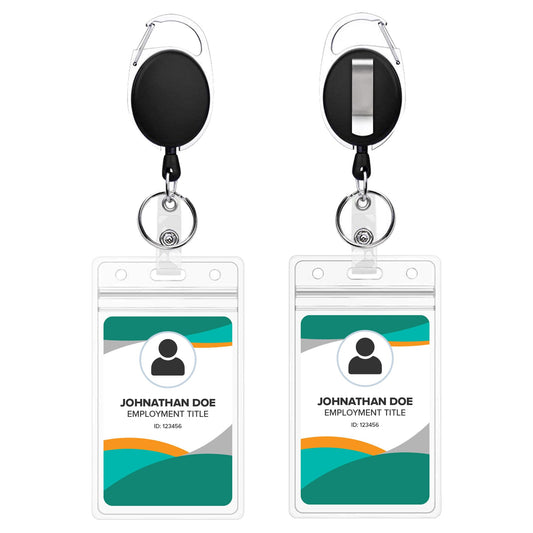 2 Pack ID Badge Holder with Clip Badge Reels Retractable Heavy Duty Clear Id Card Vertical Lanyard Holder with Carabiner Badge Reel with 24 inches Pull Cord