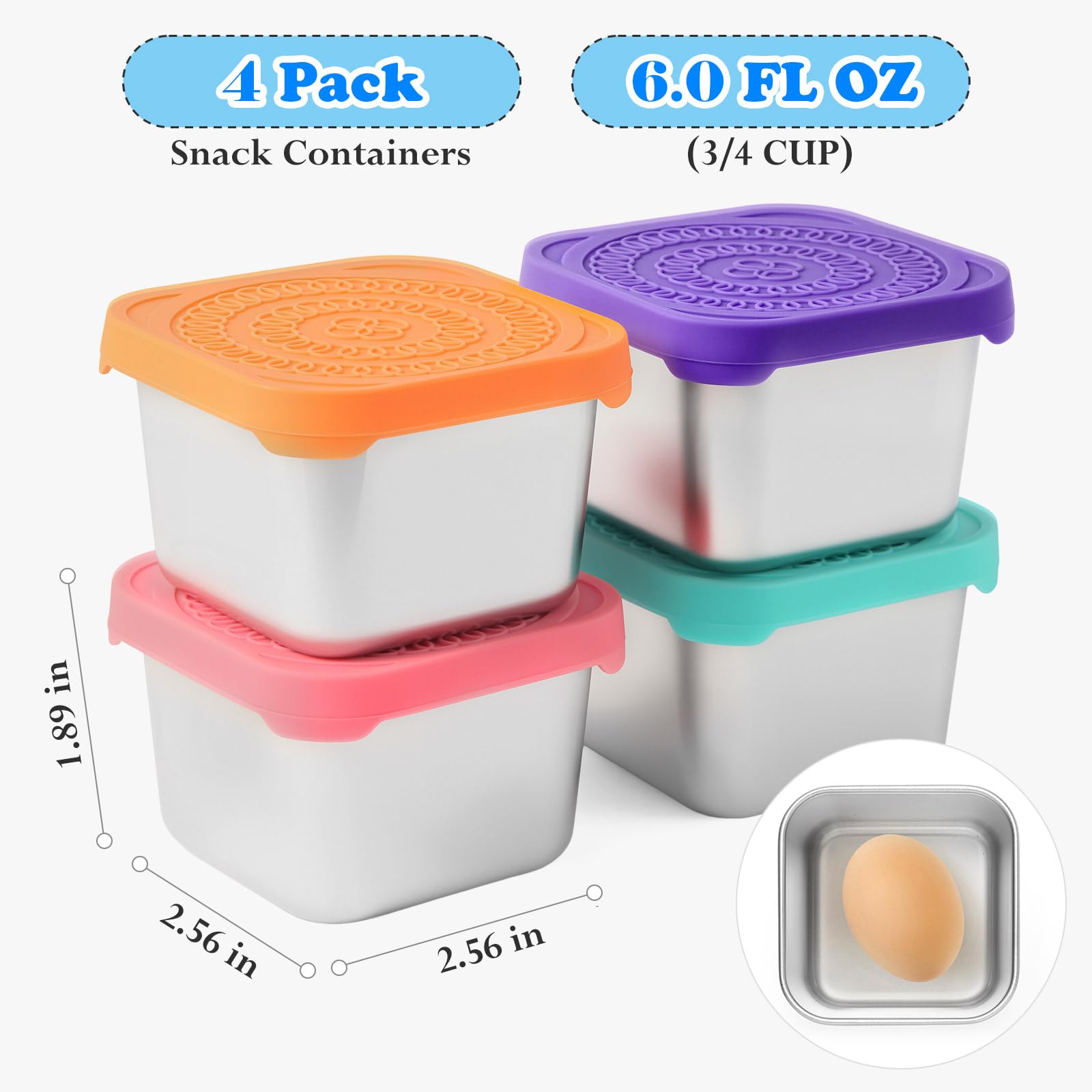 4Pack 6oz Reusable Stainless Steel Snack Containers for Kids, Easy Open Leak Proof Metal Small Toddler Snack Containers with Silicone Lids, Stackable Metal Toddler Lunch Box for Daycare School Travel