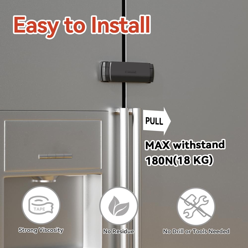 Mom's Choice Gold Awards Winner - EUDEMON 1 Pack Latest French Fridge Lock French Door Refrigerator/Freezer Lock Apply to Max 3.54"(90mm) Two Door Gap Distance for Kids & Babies,Easy to Install(Black)