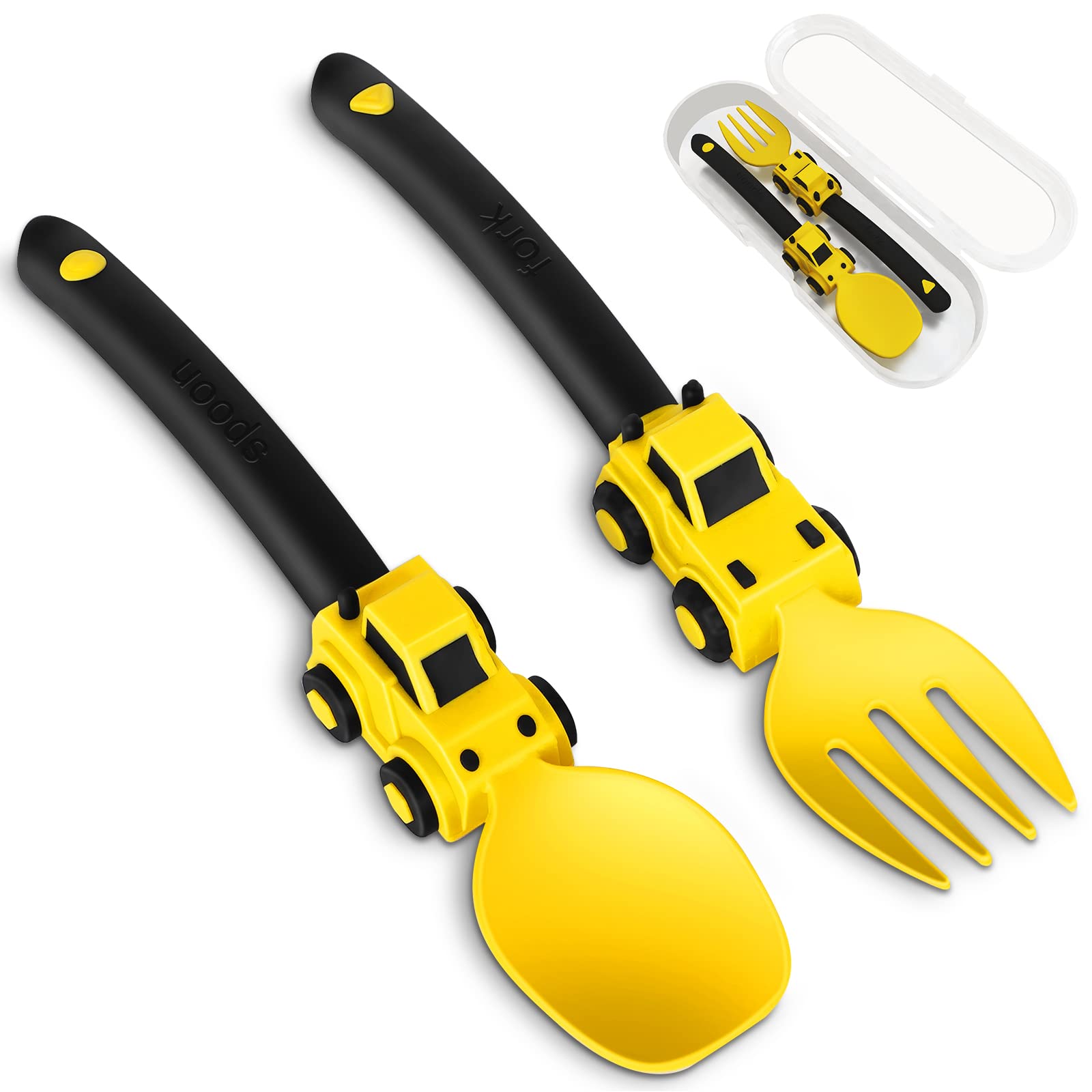 Deinyi Construction Kleinkind-Besteck – Kleinkind-Gabeln und -Löffel – Kinder-Baufahrzeug-Spielzeug – Gabel- und Löffel-Besteckset – Weihnachts-Geburtstagsgeschenk Kinderspielzeug für 1 2 3 4 5 Jahre alte Kinder, Gelb