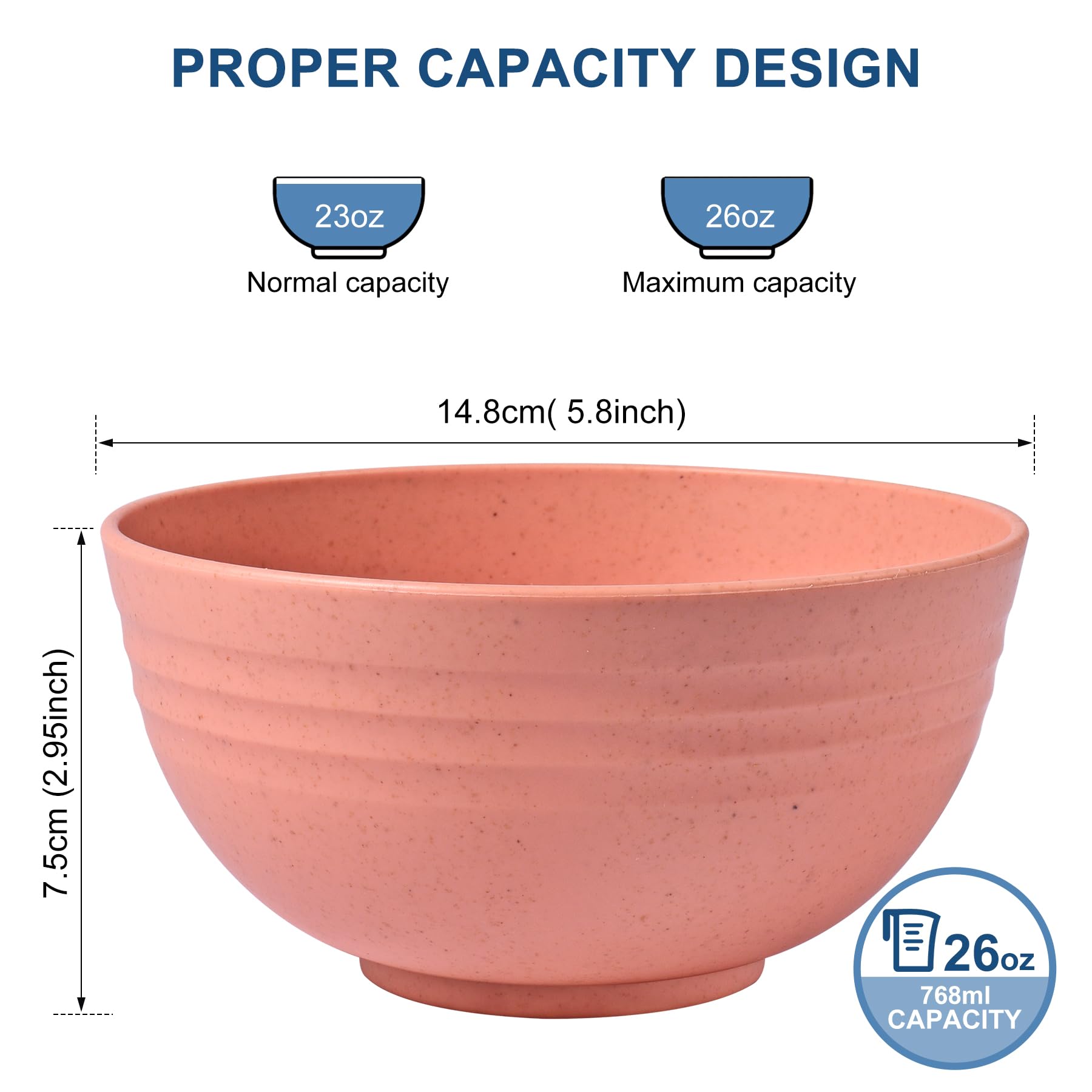 HOTEC BPA Free Unbreakable Wheat Straw Cereal Bowls - Microwave & Dishwasher Safe Soup and Salad Bowls, Set of 8, 26oz, Multicolor