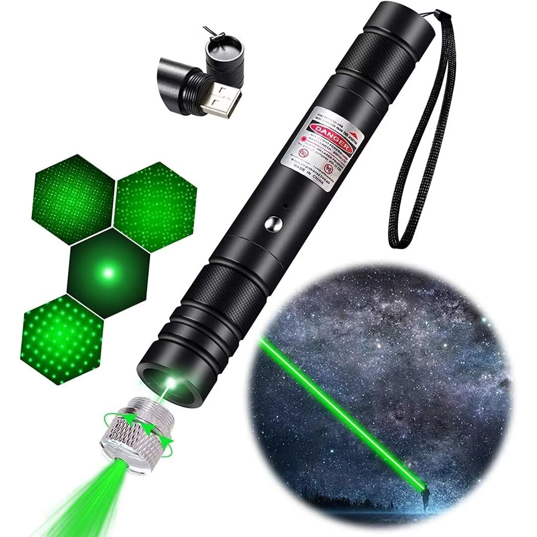 High Power Laser Pointer, Green Laser Pointer High Power Flashlight, Rechargeable Pointer for USB, with Star Cap Adjustable Focus Suitable for Hiking
