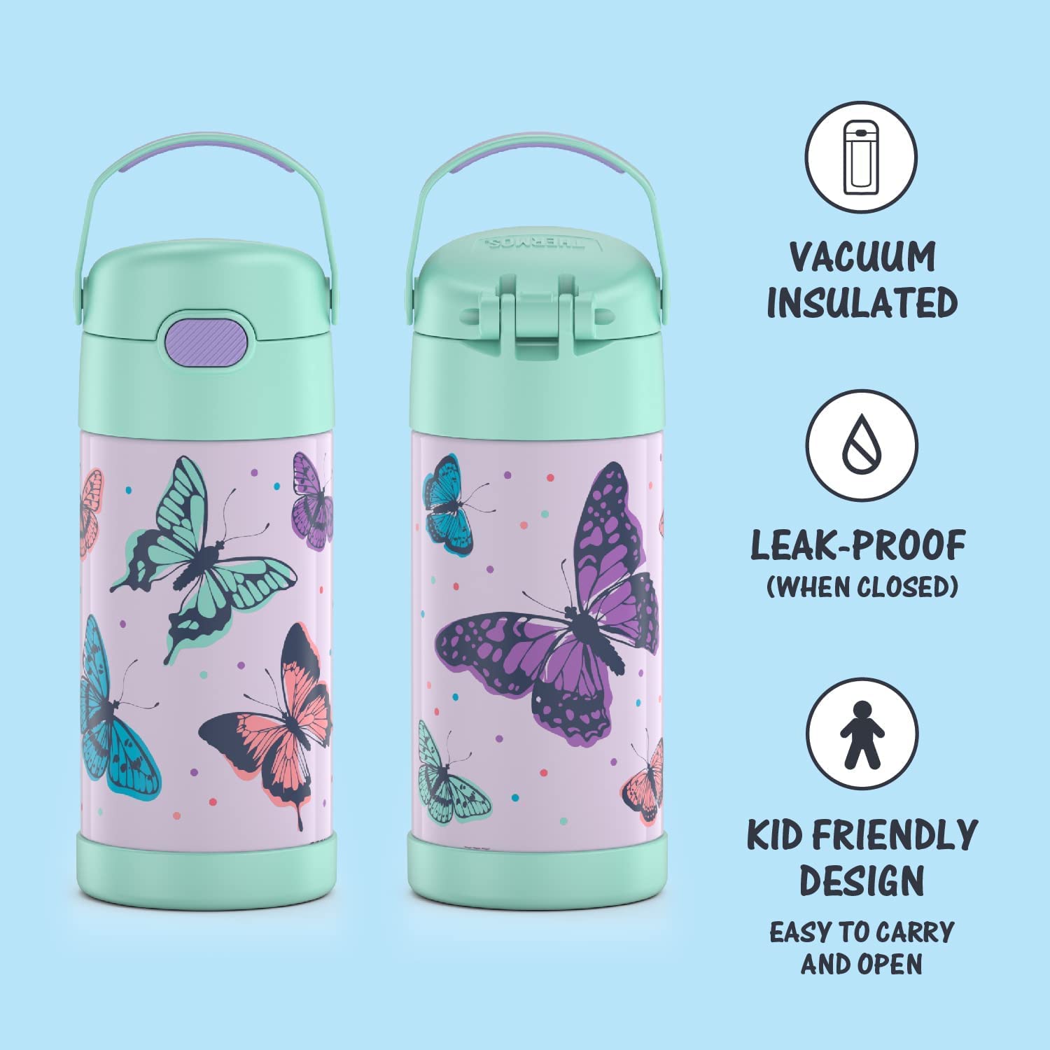 THERMOS FUNTAINER Water Bottle with Straw - 12 Ounce - Kids Stainless Steel Vacuum Insulated Water Bottle with Lid, Butterfly Frenzy