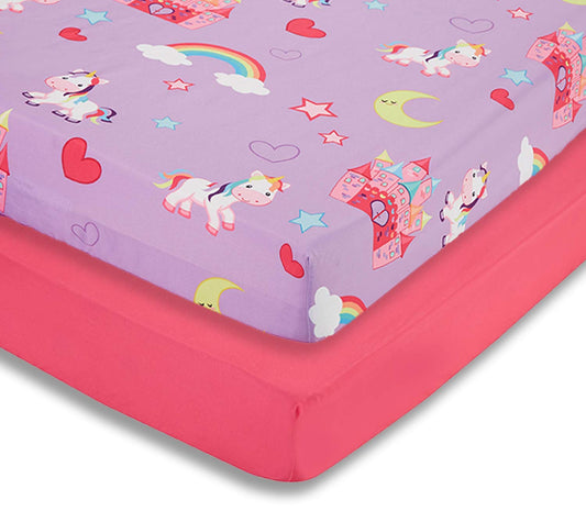 EVERYDAY KIDS 2 Pack Fitted Girls Crib Sheet, 100% Soft Breathable Microfiber, Baby Sheet, Fits Standard Size Crib Mattress 28in x 52in, Nursery Sheet - Unicorns/Hot Pink