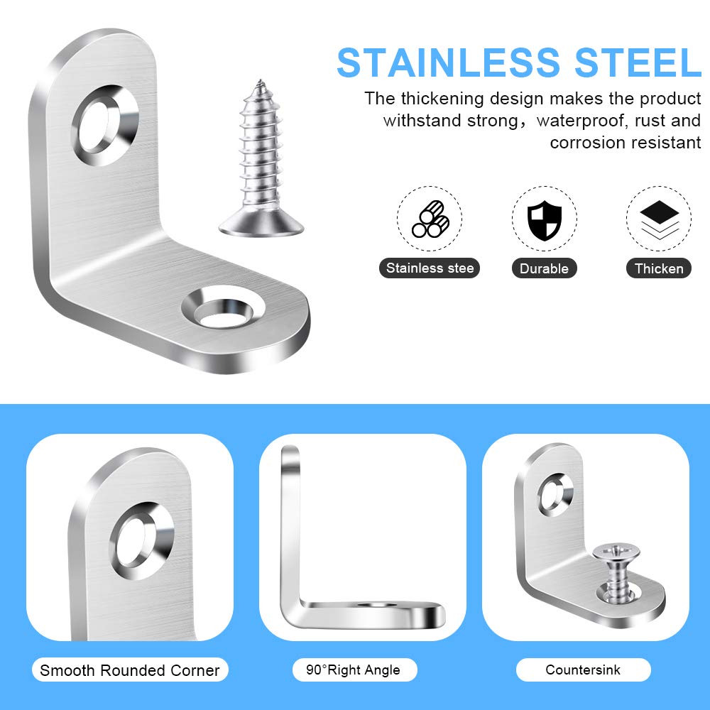 40PCS L Bracket Corner Brace, Stainless Steel L Brackets for Shelves, Metal Corner Bracket, Small Right Angle Bracket for Wood Furniture Chair Drawer Cabinet with 80PCS Screws (0.79 x 0.79 inch)